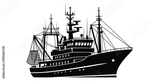 A detailed black silhouette depicts a large fishing vessel with prominent masts rigging and a net showcasing maritime industry artistry silhouette high quality professional