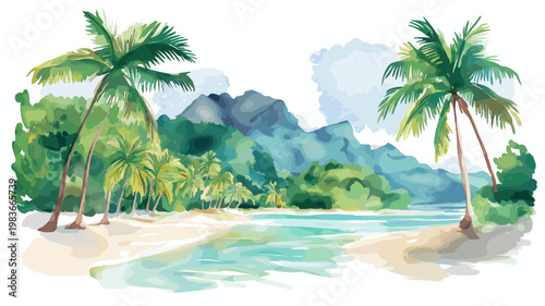 Vallee de Mai. Vallee de Mai hand drawn watercolor illustration on white background