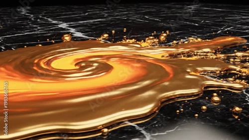 Golden liquid pouring on black marble.