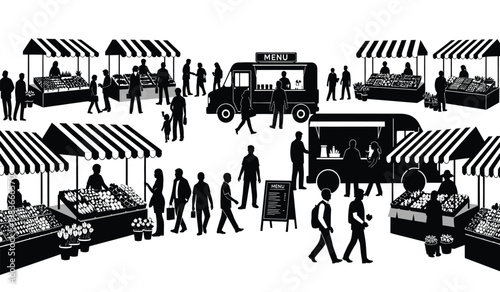 A bustling outdoor market scene is depicted with numerous vendor stalls people and food trucks all rendered as a striking silhouette high quality professional