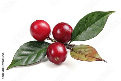 Fresh Red Coffee Cherries and Green Leaves on White Background.
