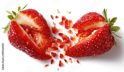 Fresh Strawberry Halves Exploding with Seeds on White Background.