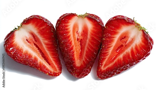 Three Fresh Ripe Strawberries Halved on White Background.