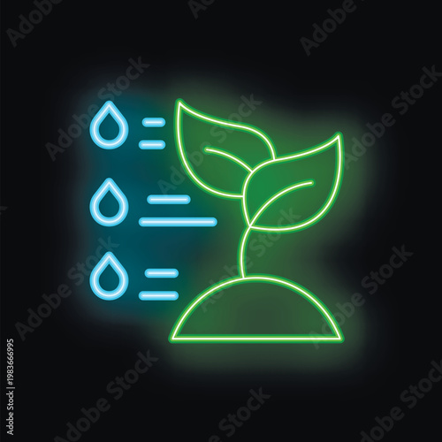 Neon sign of water drops nourishing a growing plant, representing the concept of growth and development