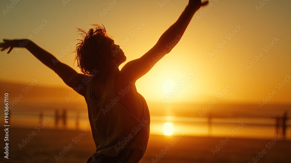 Fototapeta premium Silhouette Of Person Raising Arms In Celebration On Beach At Golden Sunset. AI generated image