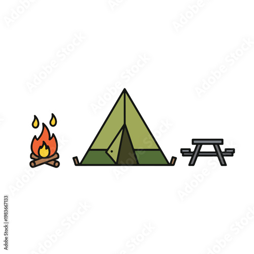 Camping Scene with Campfire Tent and Picnic Table