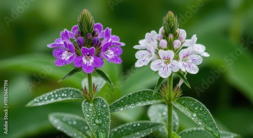 Beautiful purple and white flowers with water drops in the garden
