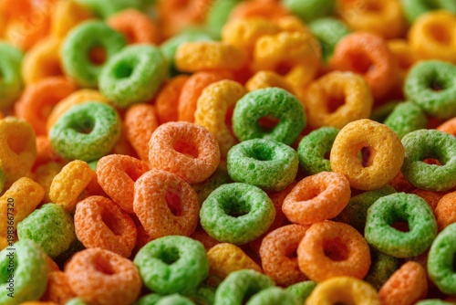 Close-up of Colorful Fruit-Flavored Cereal Loops for Breakfast.
