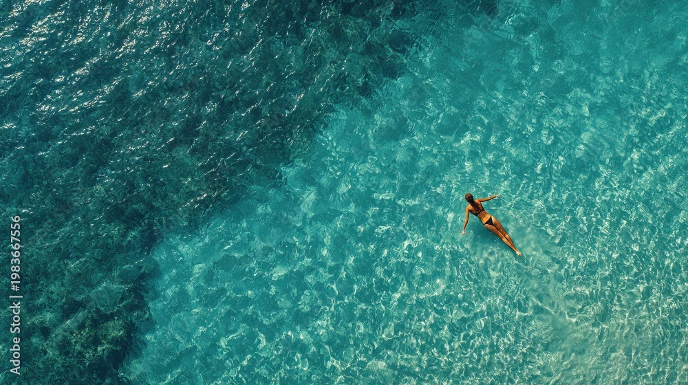 Obraz premium Aerial View Of Person Swimming Freestyle In Clear Turquoise Ocean Water. AI generated image
