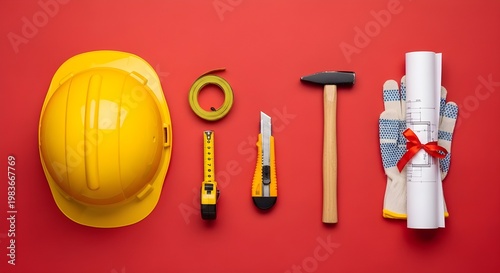 Construction tools laid out on a vibrant red background