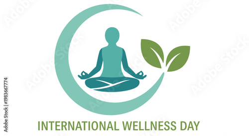 International wellness day logo featuring a meditating figure and crescent shape