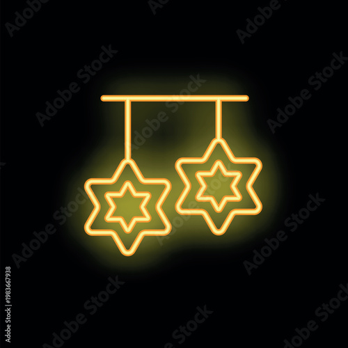 Neon yellow six pointed stars hanging from a horizontal bar against a black background, creating a warm and festive atmosphere