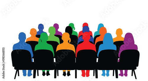 A vibrant arrangement of colorful human silhouettes seated in rows of black chairs suggesting an audience or meeting silhouette high quality professional detailed modern