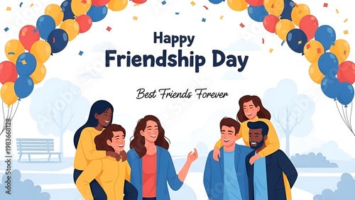 Illustration of diverse friends celebrating Friendship Day with balloons, confetti, and a park background