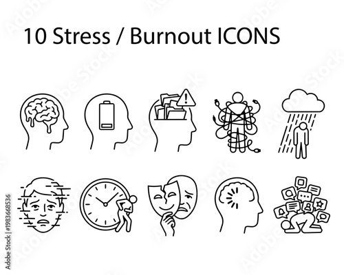 A modern set of minimal line icons representing stress, burnout, mental fatigue, and digital overload concepts. Includes abstract metaphors of emotional exhaustion, work pressure, anxiety.