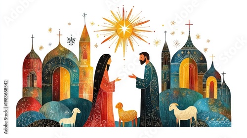 Holy family standing with sheep and church architecture, depicting the nativity scene. Christmas religious holiday concept for greeting card.