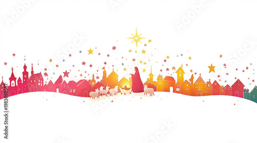 Colorful christmas nativity scene with a woman, sheep, star, and houses. Holiday greeting card design. Celebration of christ's birth.