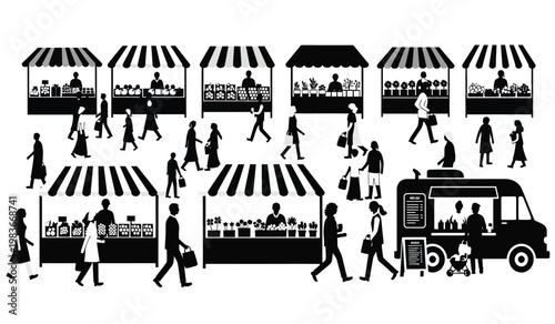 A bustling outdoor market scene depicts numerous vendor stalls and shoppers featuring a food truck and various people presented as a silhouette high quality