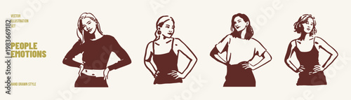 Confident women poses standing fashion attitude character set. Female figures with hands on hips show style and confidence. Illustrations for branding and advertising in hand drawn sketch style.