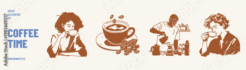 Coffee lifestyle characters drinking cup beans composition. Cozy moments with mugs and roasted seeds elements. Illustrations for posters and social media in hand drawn sketch style.