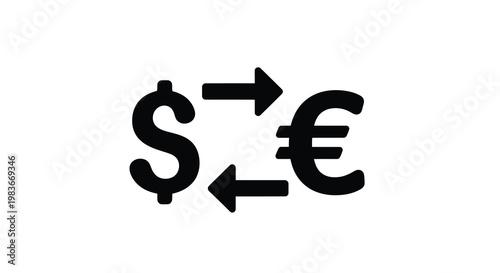 Currency exchange from us dollars to euros depicted in black silhouette