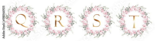 Watercolor rose wreath set with gold letters Q, R, S and T, botanical floral monogram collection for wedding invitations, branding, logo design and decorative templates