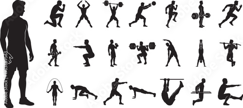 Collection of minimalist fitness exercise silhouettes for Bodyweight workout training and gym activity concept vector illustration EPS file