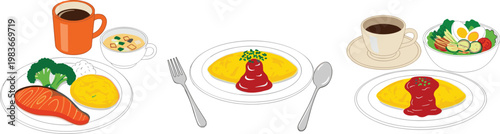 Breakfast Omelette Meal Set with Salmon Coffee Soup and Salad Plates Top View Morning Food Vector Illustration Collection