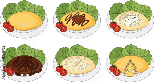 Omelette Dish Collection with Different Sauce Toppings Cheese and Tomato Garnish Breakfast Food Plate Top View Vector Illustration Set