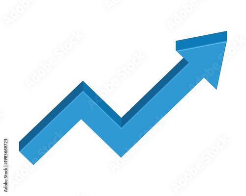 3D Blue Arrow Pointing Upward Growing Business Success Chart. Isolated on White Background for Financial Profit Growth, Achievement, Marketing Progress and Investment Increase Assessment.