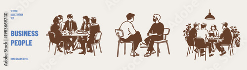Business team meeting discussion collaboration office scene set. Groups communicate ideas around table and workspace. Illustrations for corporate materials and presentations in hand drawn sketch style