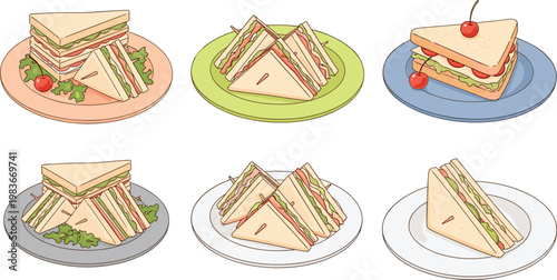 Club Sandwich Collection with Layered Bread Fillings Vegetable Chicken and Triangular Slices Lunch Food Plate Vector Illustration Set