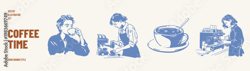 Coffee drinking people barista scenes cup preparation set. Characters sip espresso and make beverages with machines. Illustrations for cafe branding and menu in hand drawn sketch style.