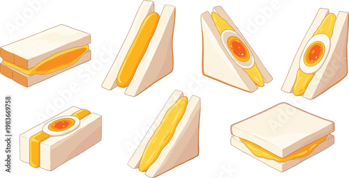 Egg Sandwich Collection with Cheese Toast Sandwiches and Boiled Egg Fillings Breakfast Food Flat Vector Illustration Set