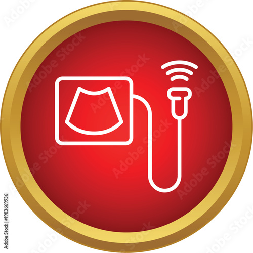 Ultrasound medical diagnostic equipment displaying internal scan within a vibrant red and gold circle