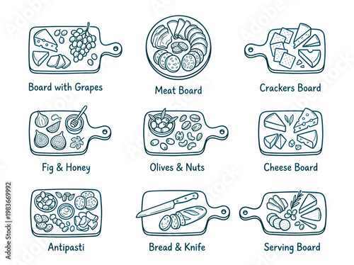 Charcuterie boards icon set: nine hand-drawn vintage food compositions with labels, minimal vector style