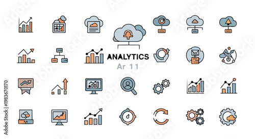 Business analytics and finance concept with various digital icons and graphs in a corporate office setting with teamwork and technology