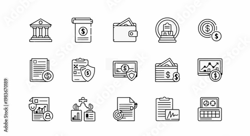 Financial icons illustrate business and banking concepts with money, investment, and technology