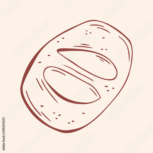 Artisan fresh crusty oval bread loaf, brown outline doodle flat retro style. Minimalist hand drawn vector illustration of baked goods for bakery poster, menu design, isolated on beige background.