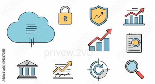 Financial business icons depicting growth, strategy, and security in a digital economy.