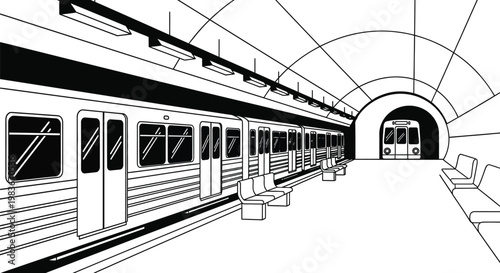 A stark black and white illustration depicts a subway train within a curved tunnel showcasing an empty station platform and striking silhouette high quality