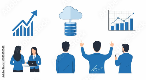 Business team analyzes growth and profit with data and technology in a corporate office.