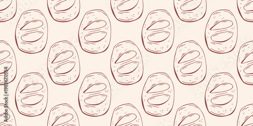 Artisan fresh crusty bread loaf with scoring marks seamless pattern, brown outline doodle flat retro style. Minimalist hand drawn vector for bakery branding, menu design, isolated on beige background.