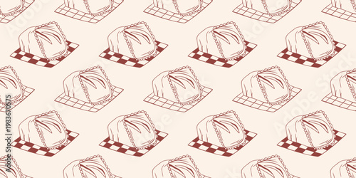 Bread in craft paper bag with lace on checkered napkin seamless pattern, brown outline doodle flat retro style. Minimalist hand drawn vector illustration for bakery packaging, on beige background.