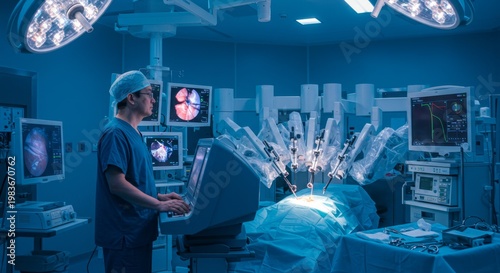 Male surgeon operates a robotic surgical system in an operating room. Advanced technology for precision medicine.