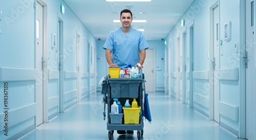 Smiling cleaner man pushing a cart with cleaning supplies in a hospital corridor, depicting hygiene and facility maintenance.