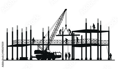 A striking black and white image depicts a construction site with a large crane and workers all rendered as a bold silhouette high quality