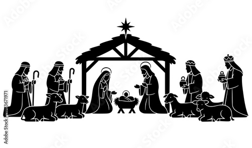 Nativity scene silhouette Christmas religious vector illustration