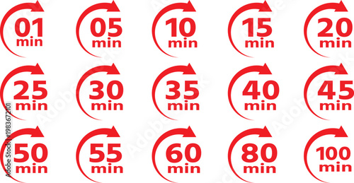 Red time interval icons representing various minute durations for countdown clocks