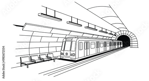 A detailed line drawing depicts an underground subway train traveling through a curved tunnel with benches and lighting silhouette high quality professional modern elegant